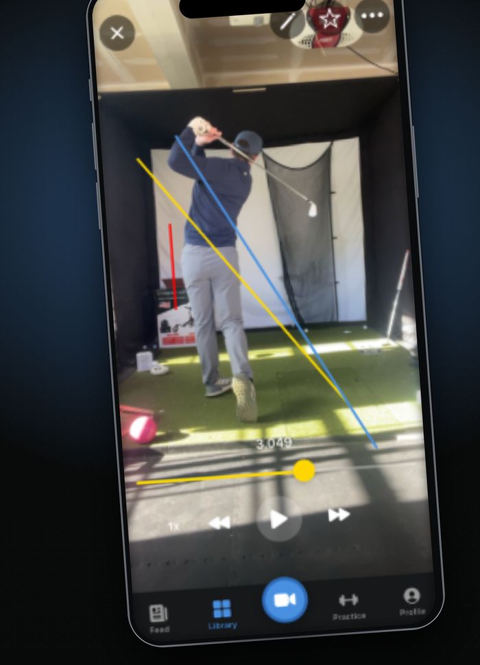 Swing video paused with drawn lines showing swing plane