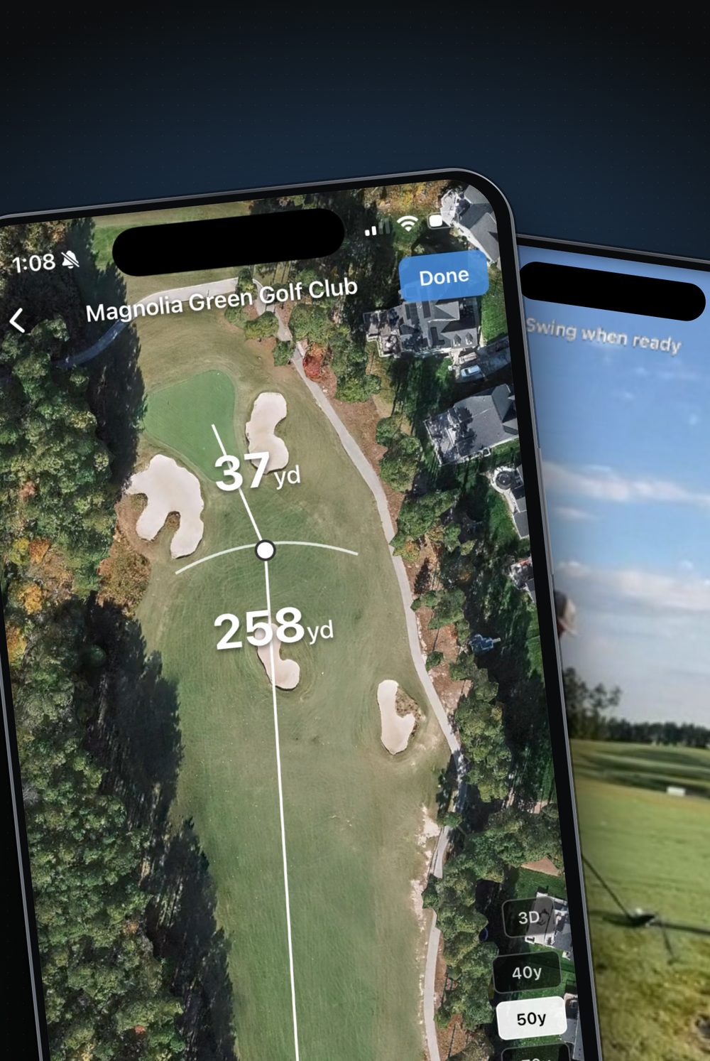 SwingFeed showing GPS yardages on a hole map and a swing video ready to record